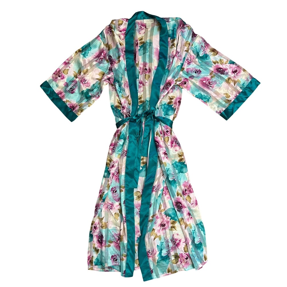 Vintage Floral Robe Teal Purple Pink Satin Stripe Kimono L sleep loungewear chic